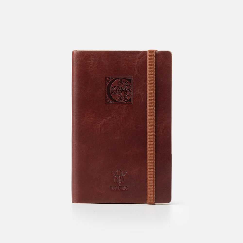 Taccuino pagine bianche con elastico<br>Copertina morbida in pelle - Collezione Iniziali