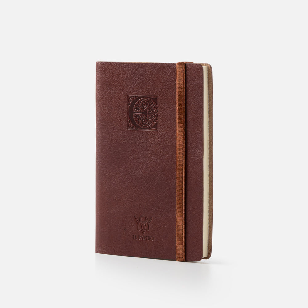 Taccuino pagine bianche con elastico<br>Copertina morbida in pelle - Collezione Iniziali