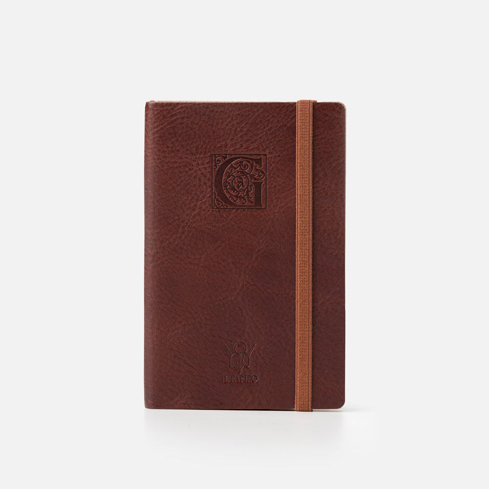 Taccuino pagine bianche con elastico<br>Copertina morbida in pelle - Collezione Iniziali