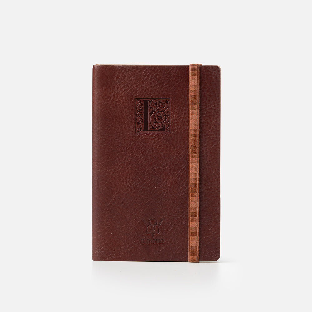 Taccuino pagine bianche con elastico<br>Copertina morbida in pelle - Collezione Iniziali