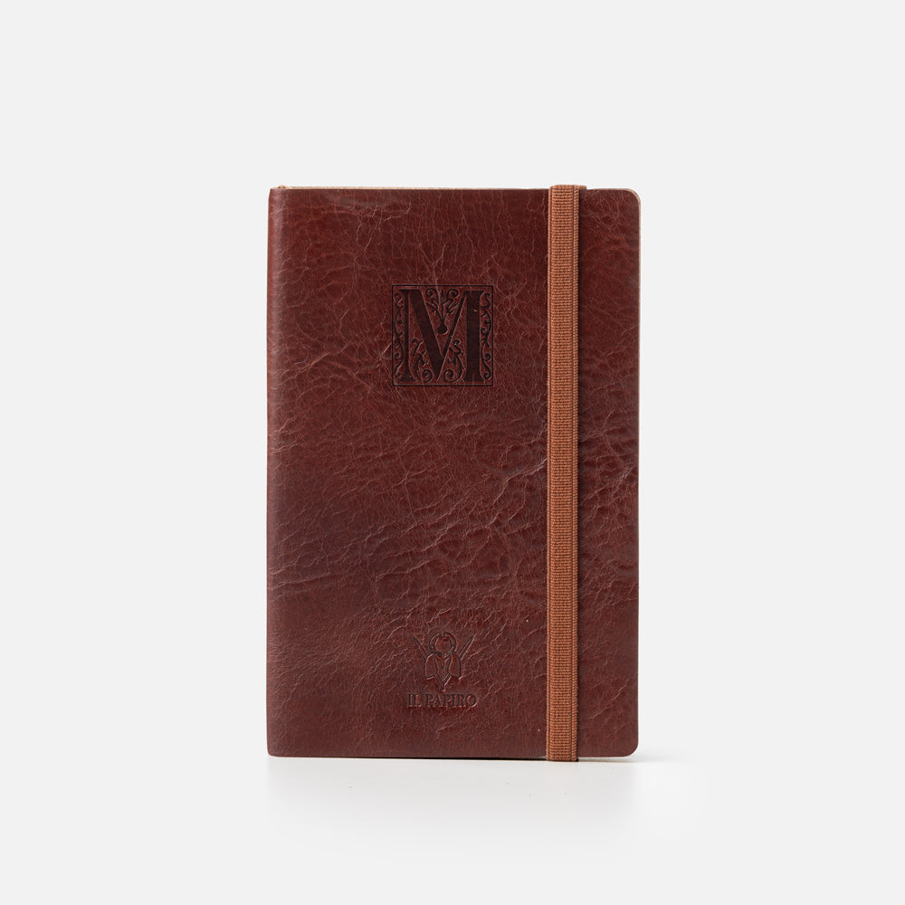 Taccuino pagine bianche con elastico<br>Copertina morbida in pelle - Collezione Iniziali