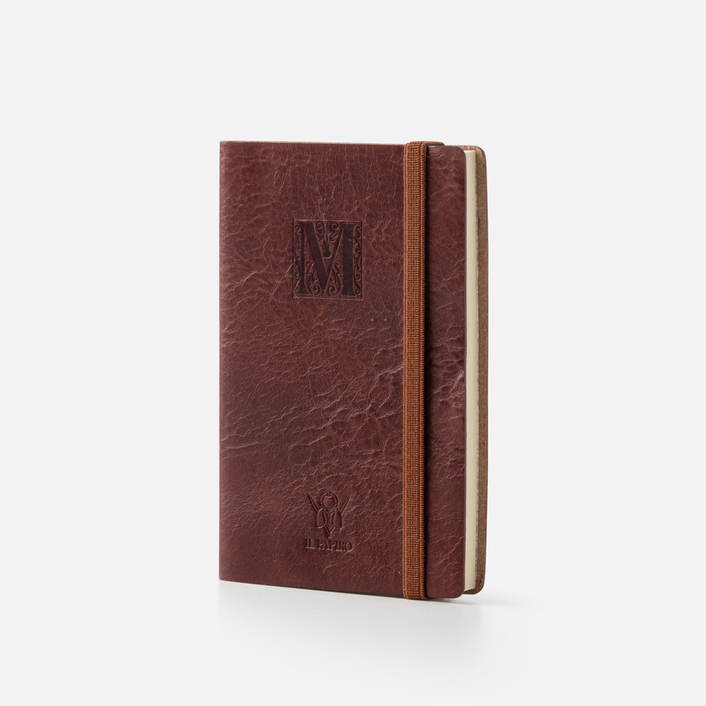 Taccuino pagine bianche con elastico<br>Copertina morbida in pelle - Collezione Iniziali