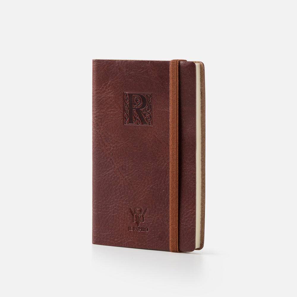 Taccuino pagine bianche con elastico<br>Copertina morbida in pelle - Collezione Iniziali