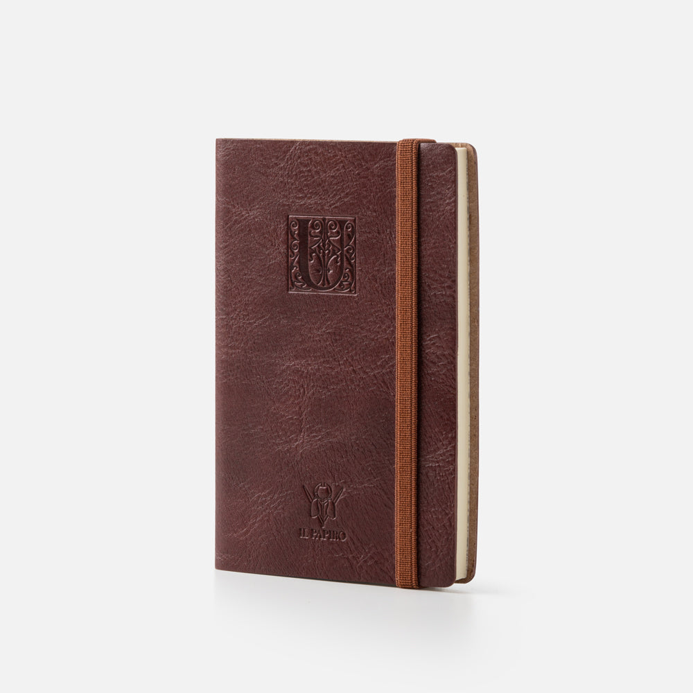 Taccuino pagine bianche con elastico<br>Copertina morbida in pelle - Collezione Iniziali