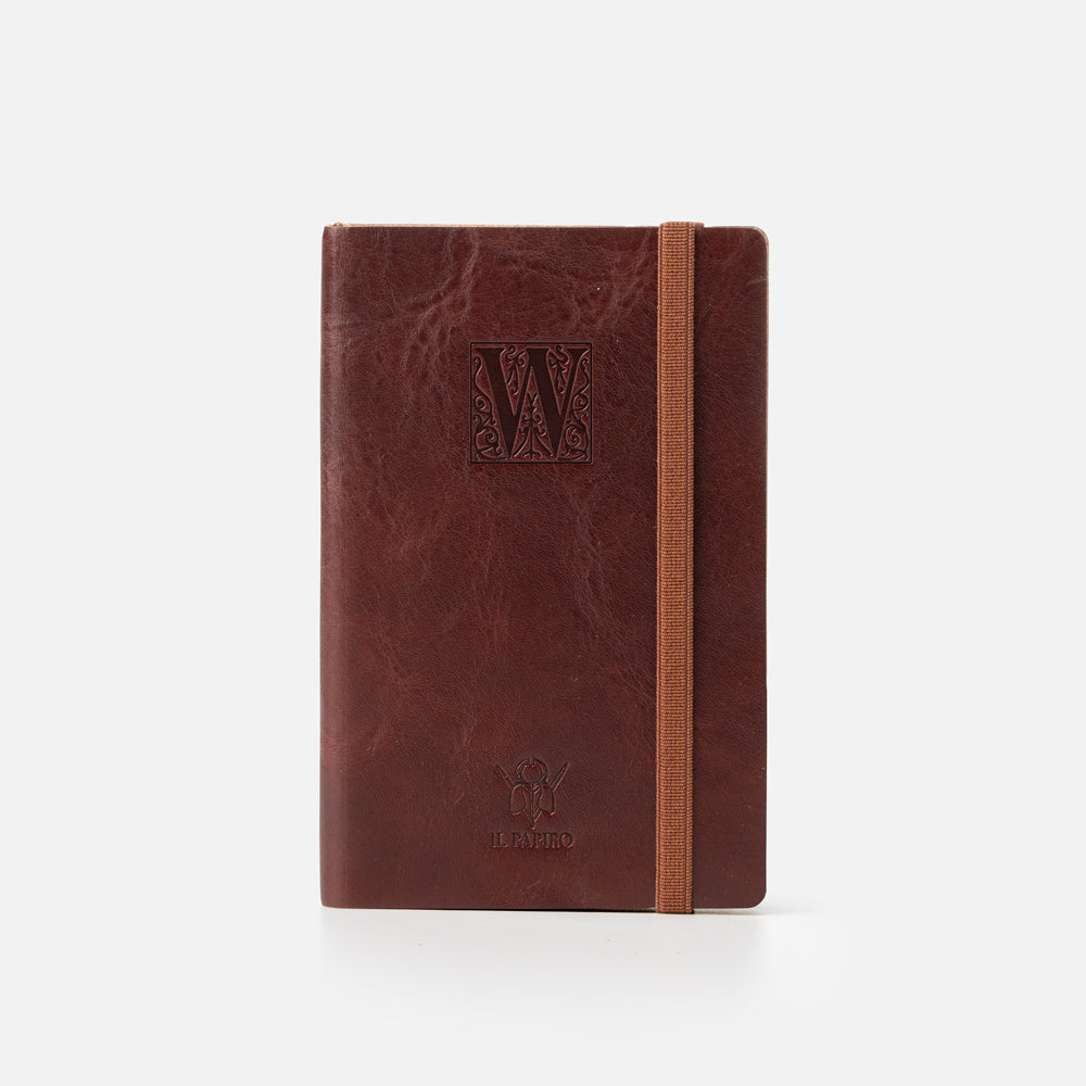 Taccuino pagine bianche con elastico<br>Copertina morbida in pelle - Collezione Iniziali