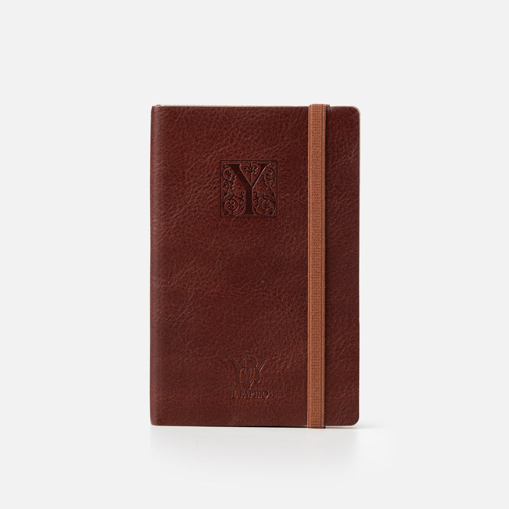 Taccuino pagine bianche con elastico<br>Copertina morbida in pelle - Collezione Iniziali